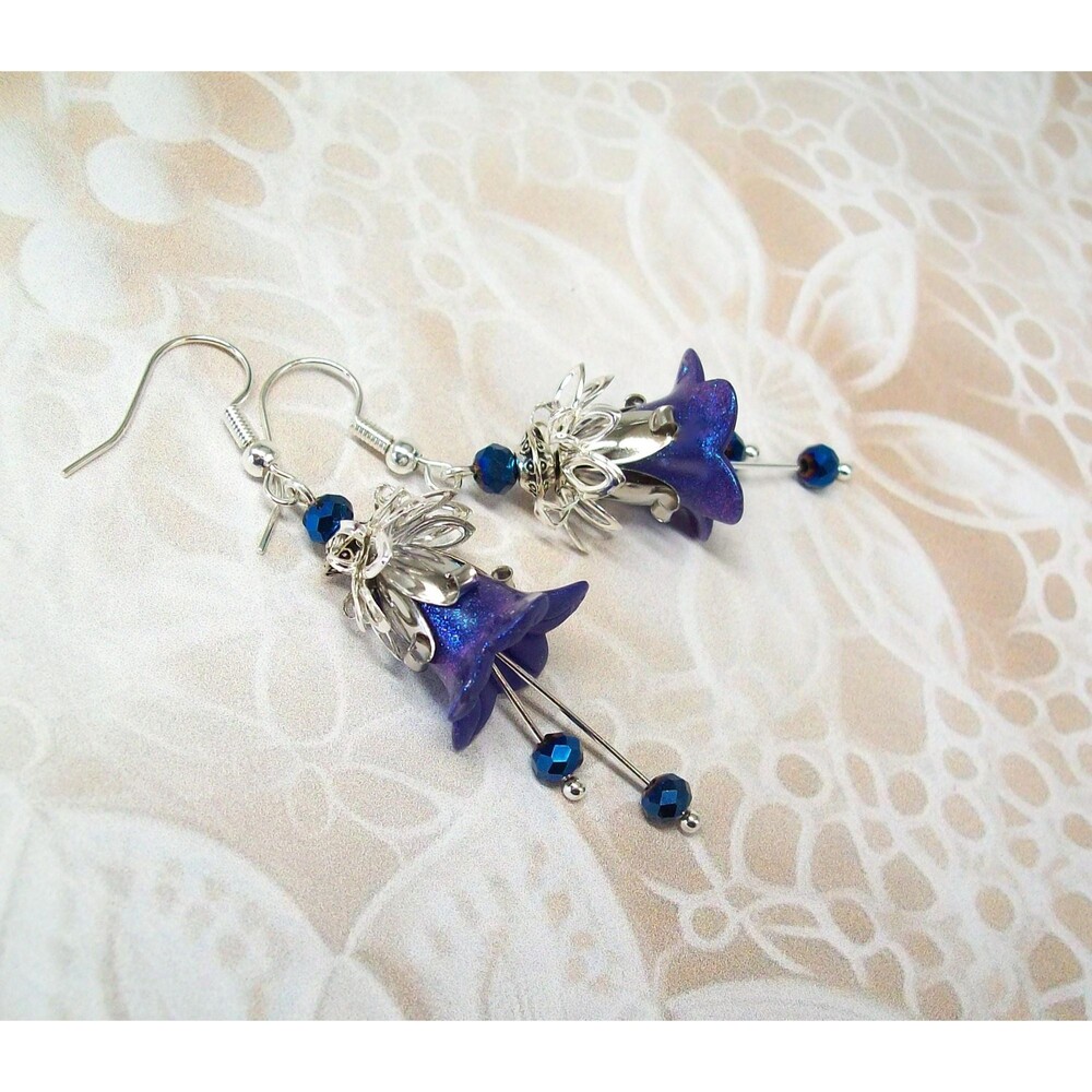 Iridescent Blue Boho Floral Earrings, Silver, Hand Painted, Artisan Crafted Flow